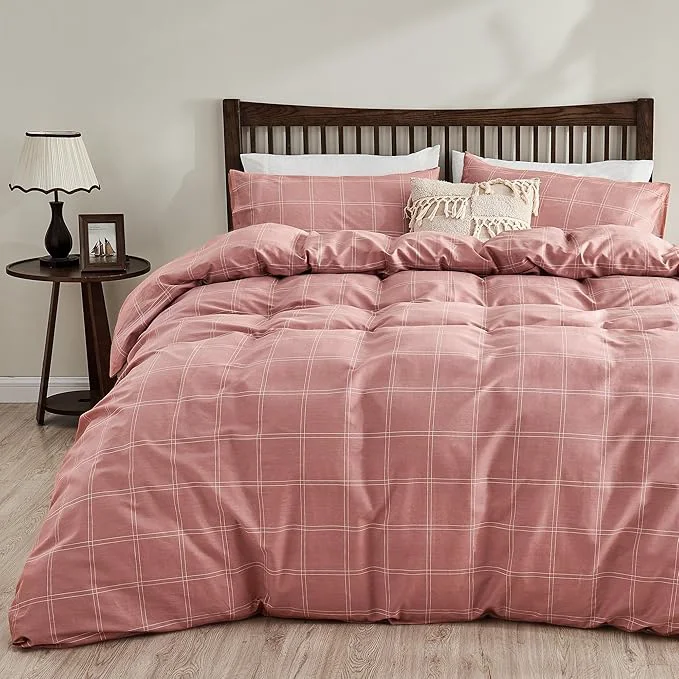 Reusable JELLYMONI Natural Cotton Queen Duvet Cover Set 3pcs Plaid Duvet Cover Sets with Zipper Closure Grid Geometric Pattern Comforter Cover Pink Trendy