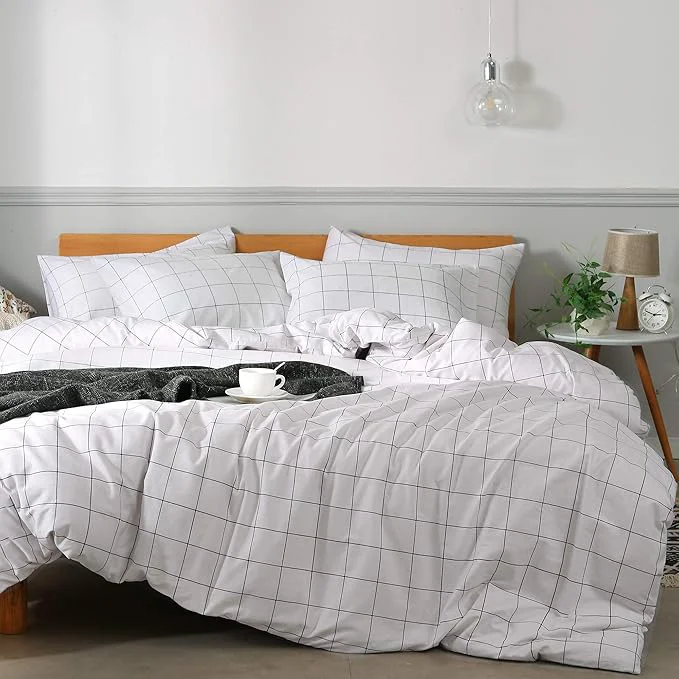 Quality JELLYMONI Natural Cotton 3pcs Plaid Duvet Cover Sets White with Black Grid Geometric Pattern Printed Comforter Cover with Zipper Closure amp Corner Ties King Size Casual