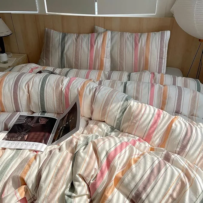Dependable Multicolor Striped Duvet Cover Twin Washed Cotton Colorful Stripes Pattern Printed Bedding Set 3 Pieces Soft Breathable Comforter Cover with Zipper Closure Retro Striped Farmhouse Bedding Set Specialty