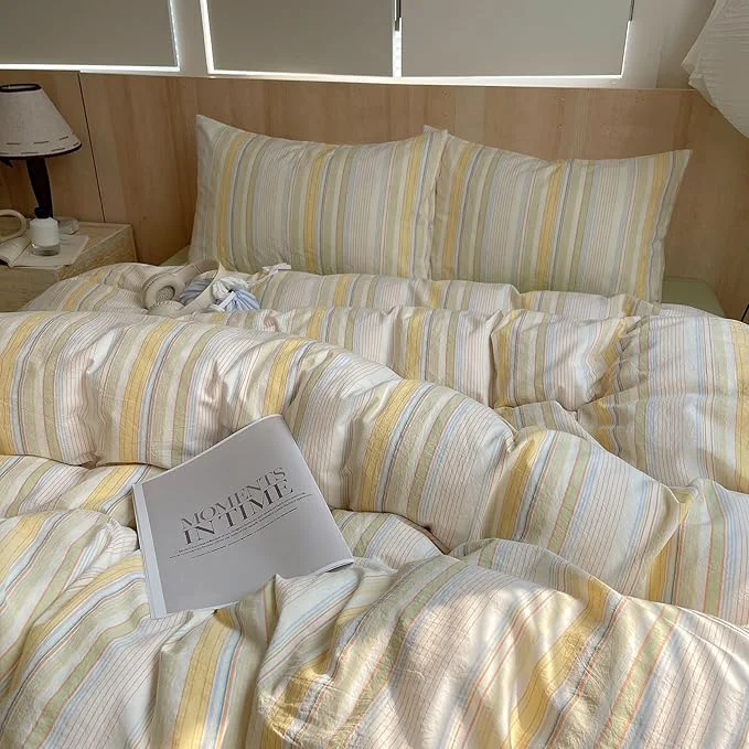 Next-Generation Retro Striped Duvet Cover Set Full Washed Cotton Colorful Yellow Stripes Pattern Printed Bedding Set 3 Pieces Soft Breathable Duvet Cover Vintage Striped Comforter Cover with 2 Pillowcases Enhanced