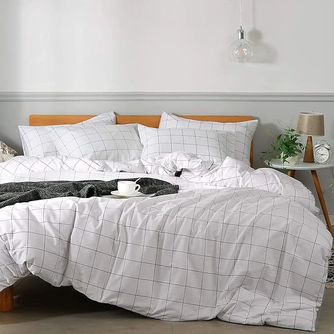 High-End JELLYMONI Natural Cotton 3pcs Plaid Duvet Cover Sets White with Black Grid Geometric Pattern Printed Comforter Cover with Zipper Closure amp Corner Ties Oversized King Size Solid