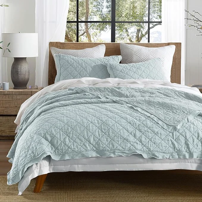 Eco-Friendly HORIMOTE HOME Linen Front Cotton Back Quilt Set King Size Paleturquoise Pre-Washed European Flax Linen Quilt Diamond Stitch Bedspread Coverlet Bedding Set 3-Piece for All Seasons Breathable