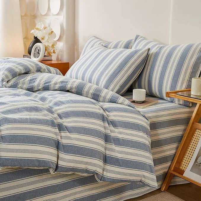 Minimalist LifeTB Vintage Striped Duvet Cover Set Queen Washed Cotton Blue White Stripes Pattern Printed Comforter Cover 3 Pieces Cotton Striped Bedding Set Breathable Duvet Cover with 2 Pillowcases Versatile