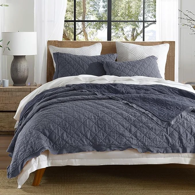 Breathable HORIMOTE HOME Linen Front Cotton Back Quilt Set Queen Size Steel Blue Pre-Washed European Flax Linen Quilt Diamond Stitch Bedspread Coverlet Bedding Set 3-Piece for All Seasons Elite
