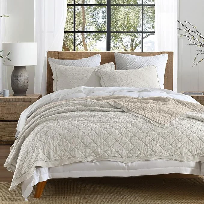 Professional HORIMOTE HOME Linen Front Cotton Back Quilt Set Queen Size Beige Pre-Washed European Flax Linen Quilt Diamond Stitch Bedspread Coverlet Bedding Set 3-Piece for All Seasons Effective
