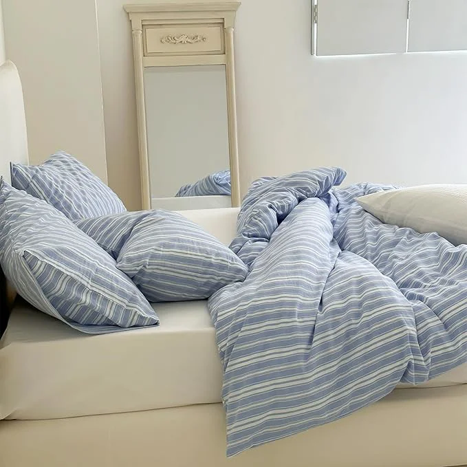 Specialty LifeTB Striped Duvet Cover Set Queen Washed Cotton Blue White Stripes Pattern Printed Comforter Cover 3 Pieces Farmhouse Striped Bedding Set Breathable Duvet Cover with 2 Pillowcases Stylish
