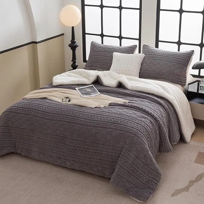 Luxury COTTEBED Reversible Sherpa Fluffy Comforter Queen Set Boho Tufted Bedding Down Blanket Comforter Set Ultra-Soft Washed Cotton Shabby Plush Fleece Sherpa Thick Warm for Winter Autumn Grey Full Queen Classic