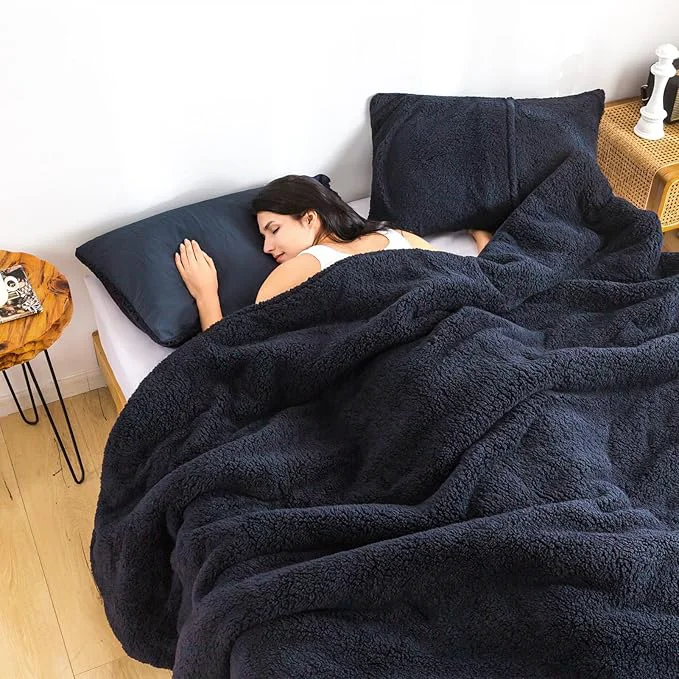 Excellent COTTEBED Warm Comforter Queen Size Sherpa Comforter Set Fuzzy Bedding Comforters Washable Cotton Fleece Down Lightweight Comforter and Pillow Shams Dark Navy Blue Full Queen Powerful