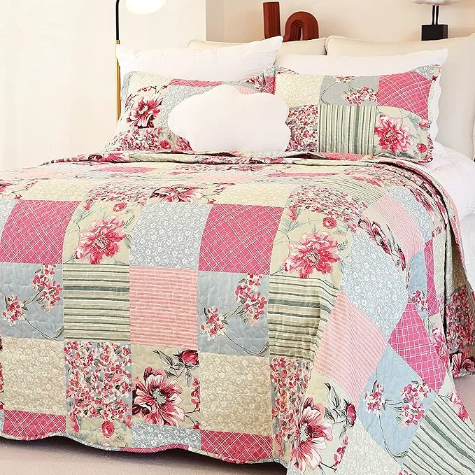 Solid Cmfshape Summer Floral Queen Quilted Bedspread Romantic Pink Quilt Set Reversible Stitched Bedding Set All Season Soft Lightweight Coverlet with Pillow Cases Pink amp Grey Queen90 x90 Smart