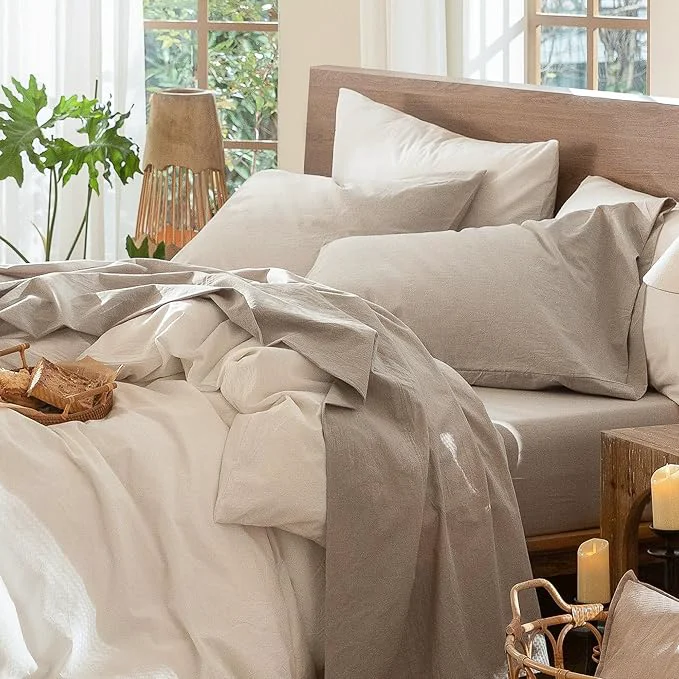 Professional MooMee Bedding Sheet Set Washed Cotton Linen Like Textured Breathable Durable Soft Comfy Heathered Tannish Linen Grey Twin Official