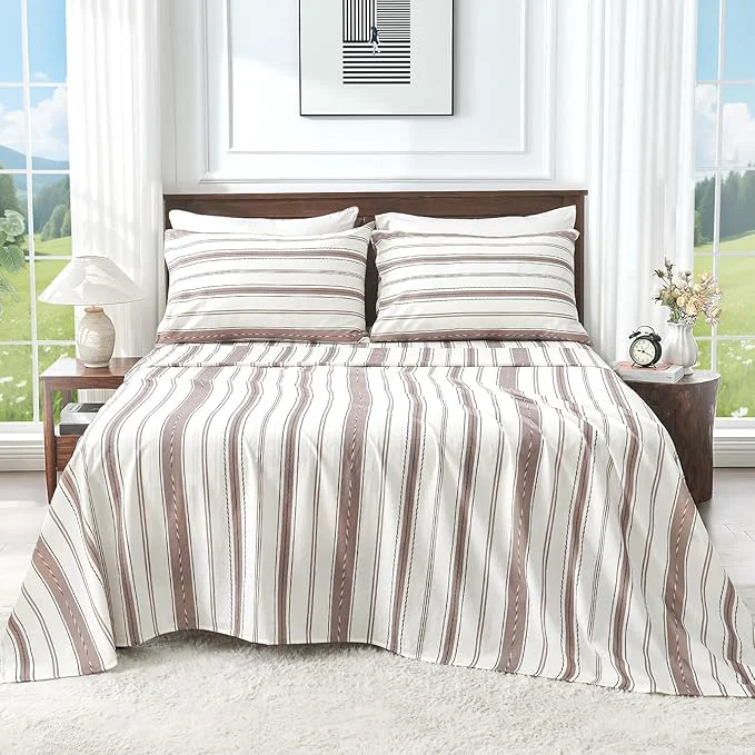 Organic Linen Sheets King Size Breathable amp Durable 4-Piece Bed Flax Stripes Sheet Set Soft All-Season Bedding for Hot Sleepers 16 quot Deep Pocket Oeko-TEX （King Brown Stripes） Exceptional