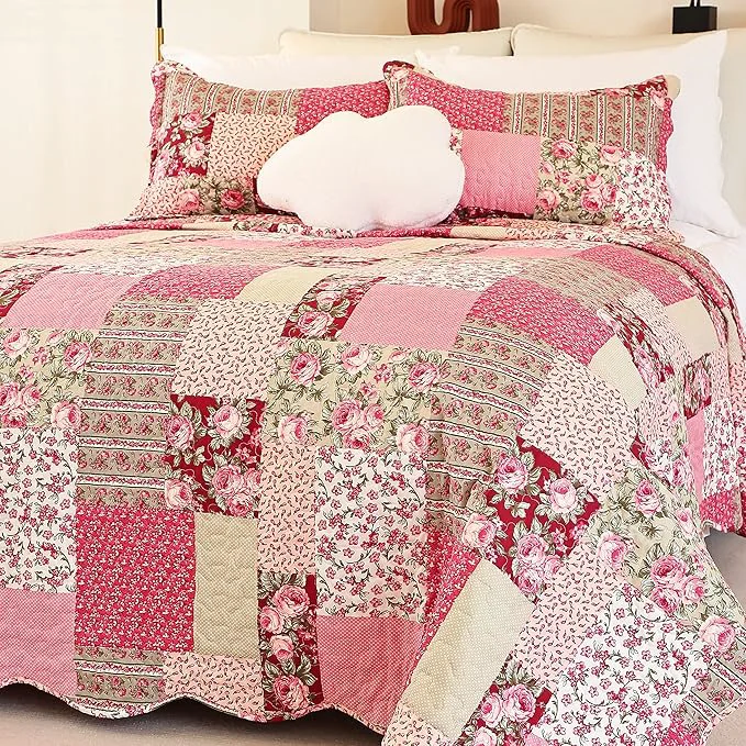 Innovative Summer Floral King Quilted Bedspread Romantic Pink Quilt Set Reversible Stitched Bedding Cover All Season Soft Lightweight Coverlet with Pillow Cases Hot Pink amp Rose King102 x90 Enhanced