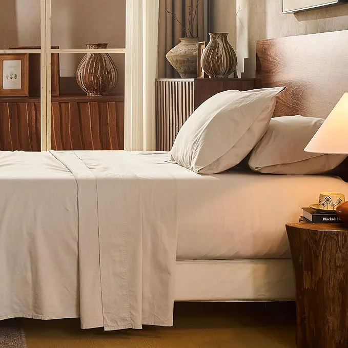 Stylish Linen Sheet Set King Size Extra Deep Pocket Fits 18-24 Inch Mattress Breathable amp Soft Smooth 4-Piece Set for Thick Mattresses Hotel Luxury Bedding（King Linen） Powerful