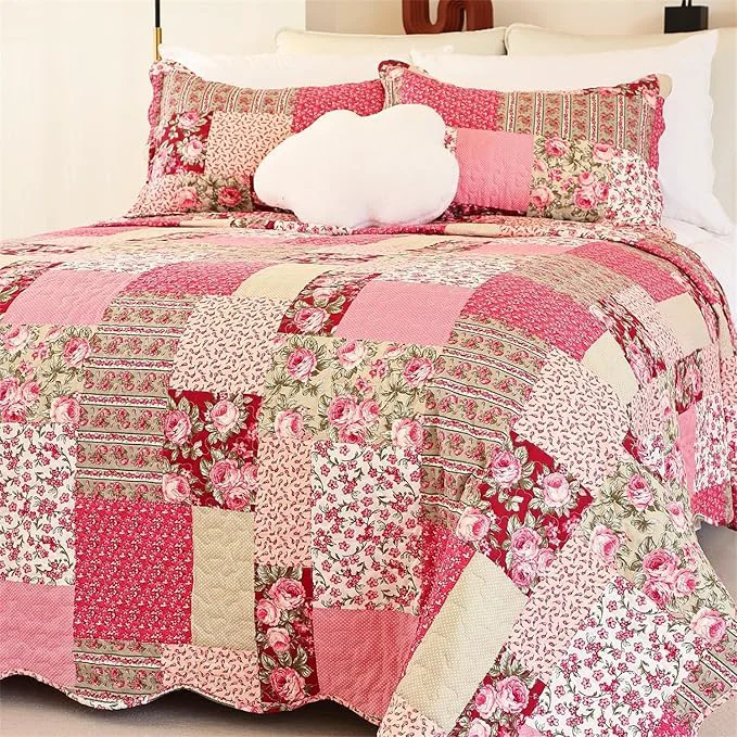 Refined Cmfshape Summer Floral Oversize King Bedspread Romantic Pink Quilt Set King Reversible Stitched Bedding Set All Season Soft Lightweight Coverlet with Pillow Cases Hot Pink amp Rose Super King114 x102 Trendy