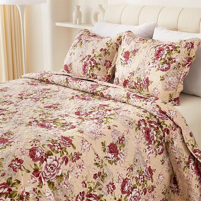 Contemporary Cmfshape Summer Floral King Quilted Bedspread Romantic Red Quilt Set Reversible Stitched Bedding Cover All Season Soft Lightweight Coverlet with Pillow Cases Red Rose King 102 quot x90 quot Environmentally Friendly