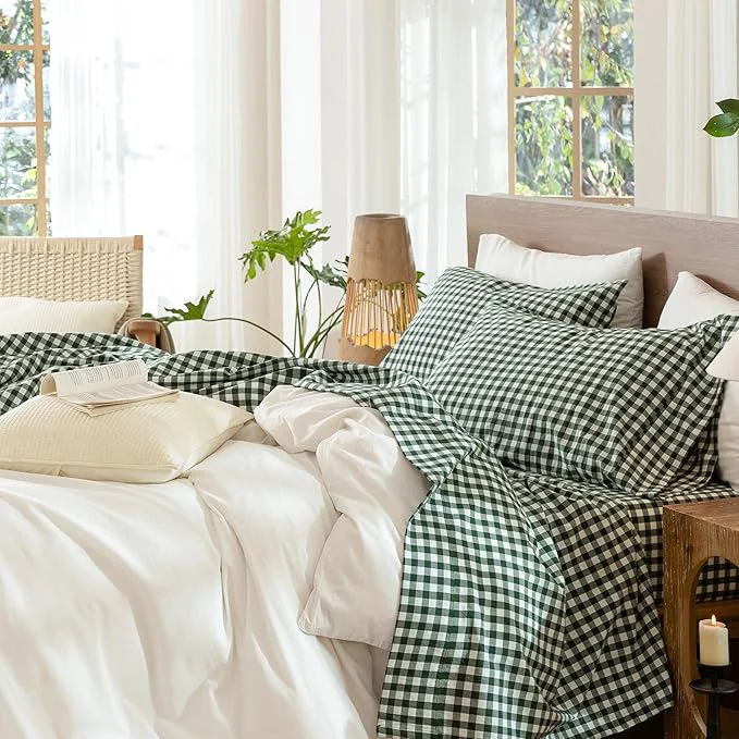 Trusted MooMee Gingham Sheet Set Washed Cotton Linen Like Textured Breathable Soft w Fully Elasticized 16-19 quot Deep Pocket Classic Gingham Forest Green King Fast