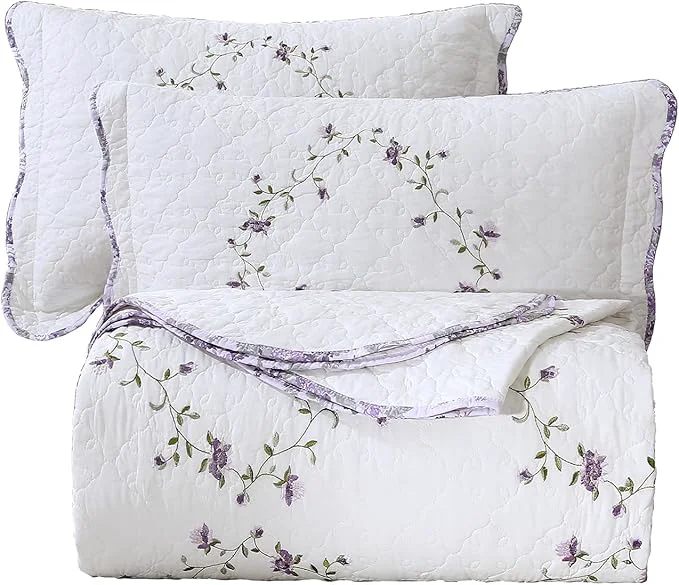 Efficient vctops 3-Piece Elegant Floral Embroidered Bedspread Coverlet Set Twin Size Cotton Reversible Patchwork 1 Quilt and 2 Pillow Shams Purple Twin Casual