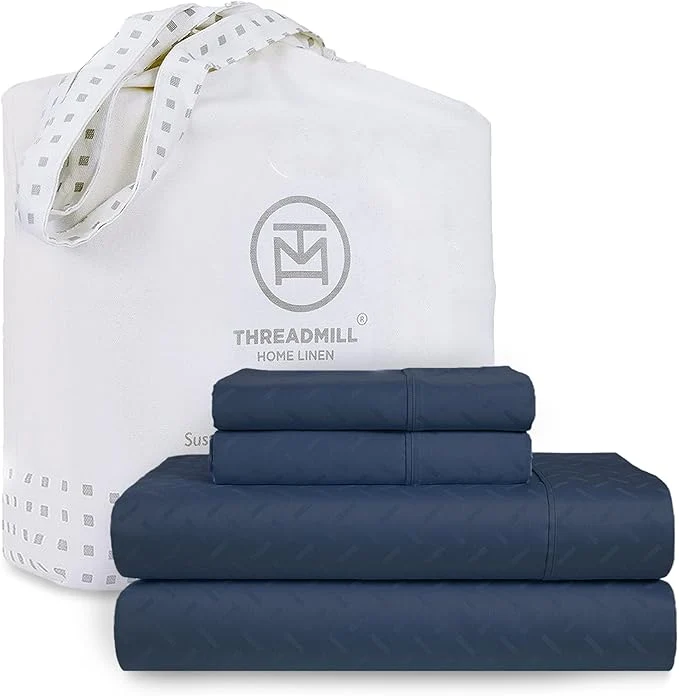 Exclusive Threadmill Cotton Queen Sheet Set - Cotton Damask Jacquard Sheets With 16 quot Deep Pocket - Soft Sateen Weave 4-Piece Cooling Bedding for Queen Size Bed - Folkstone Blue Traditional