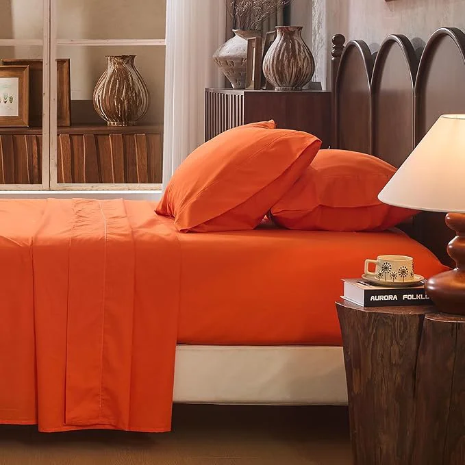 Durable Linen Sheet Set Queen Size Extra Deep Pocket Fits 18-24 Inch Mattress Breathable amp Soft Smooth 4-Piece Set for Thick Mattresses Hotel Luxury Bedding（Queen Orange） Elegant