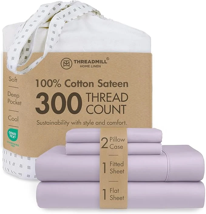 Comfortable Threadmill Cotton Queen Sheet Set Cotton Sheets for Queen Size Bed Solid Sateen Queen Bed Sheets Set with 16 Deep Pocket Soft Breathable 4-Piece Cooling Bedding Sheet Set Lilac Smart