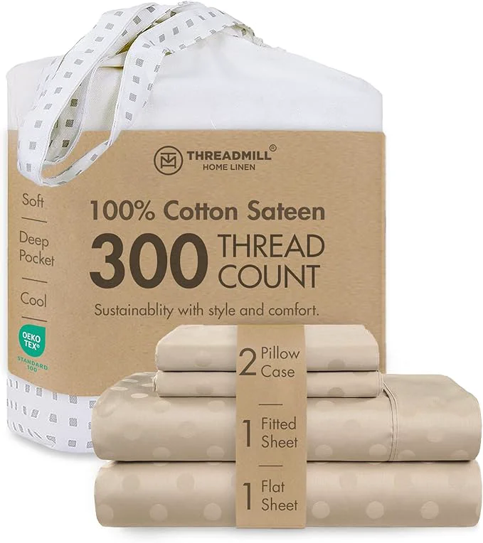 Advanced Threadmill Cotton Full Size Sheet Set Cotton Sheets for Full Size Bed Damask Jacquard Full Bed Sheets Set with 16 Deep Pocket Soft Sateen Weave 4-Piece Cooling Bedding Set Beige Superior