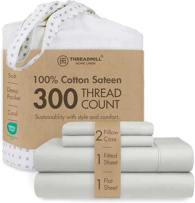 Certified Threadmill Cotton Queen Sheet Set Cotton Sheets for Queen Size Bed Solid Sateen Queen Bed Sheets Set with 16 Deep Pocket Soft Breathable 4-Piece Cooling Bedding Sheet Set Light Grey Excellent