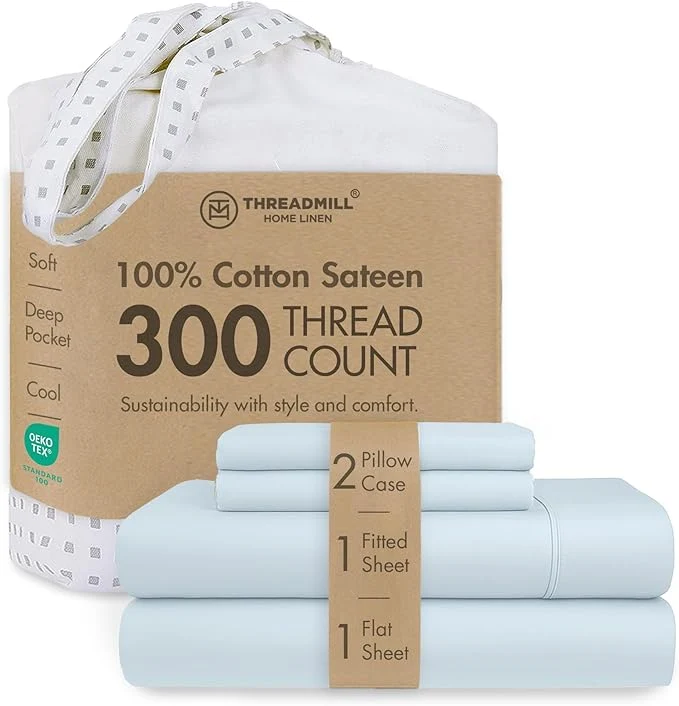 Environmentally Friendly Threadmill Cotton Sheets for King Size Bed 4 Pc King Bed Sheets Set Soft Breathable Lightweight Solid Sateen for All-Season Use Snug Fit Elastic Deep Pocket King Sheets Light Blue Enhanced