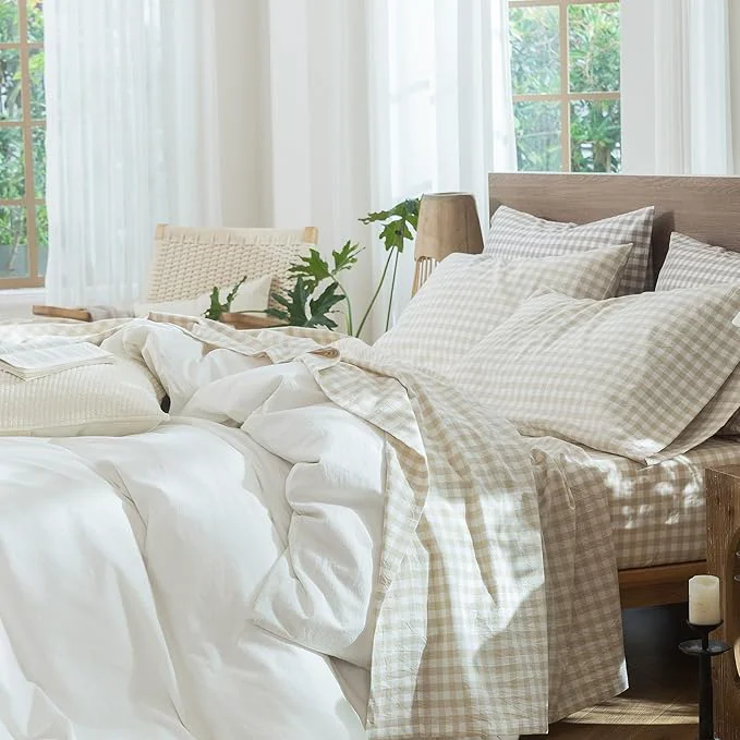 Enhanced MooMee Gingham Sheet Set Washed Cotton Linen Like Textured Breathable Soft w Fully Elasticized 16-19 quot Deep Pocket Classic Gingham Almond Milk Grey King Proven