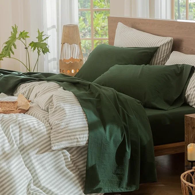 Minimalist MooMee Bedding Sheet Set Washed Cotton Linen Like Textured Breathable Durable Soft Comfy Solid Forest Green King Sophisticated