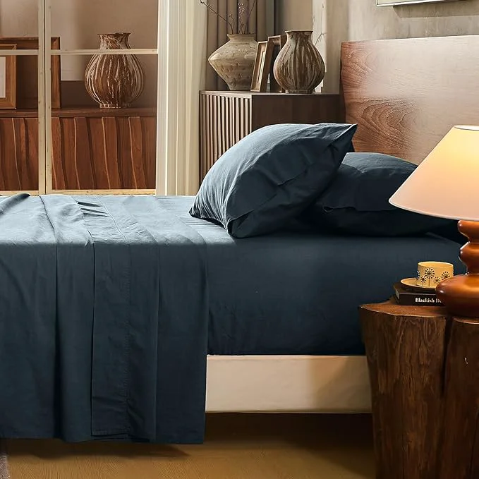 Traditional Linen Sheet Set Queen Size Extra Deep Pocket Fits 18-24 Inch Mattress Breathable amp Soft Smooth 4-Piece Set for Thick Mattresses Hotel Luxury Bedding（Queen Navy Grey） Clean