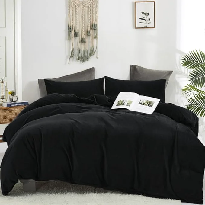 User-Friendly CLOTHKNOW Black California King Comforter Set Velvet Bedding Comforter Sets Soft Flannel Comforters Black Comforter with 2 x Pillow Cases World-Class