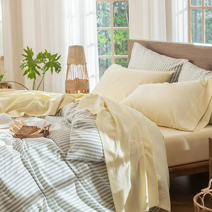 Optimized MooMee Bedding Sheet Set Washed Cotton Linen Like Textured Breathable Durable Soft Comfy Heathered Butter Yellow Twin Unique