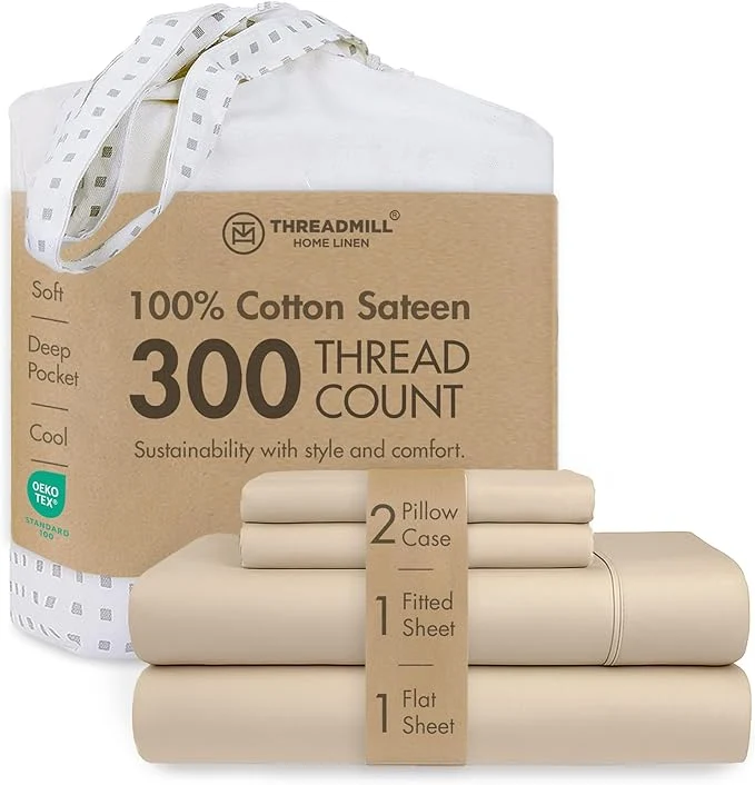 Healthy Threadmill Cotton Sheets for King Size Bed 4 Pc King Bed Sheets Set Soft Breathable Lightweight Solid Sateen for All-Season Use Snug Fit Elastic Deep Pocket King Sheets Beige Secure
