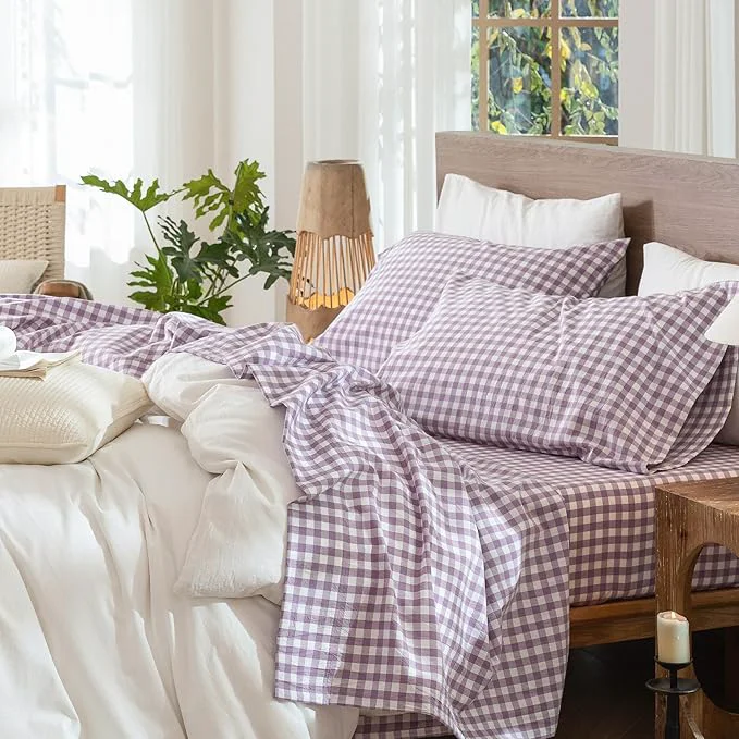Original Design MooMee Gingham Sheet Set Washed Cotton Linen Like Textured Breathable Soft w Fully Elasticized 16-19 quot Deep Pocket Classic Gingham Light Purple King Traditional