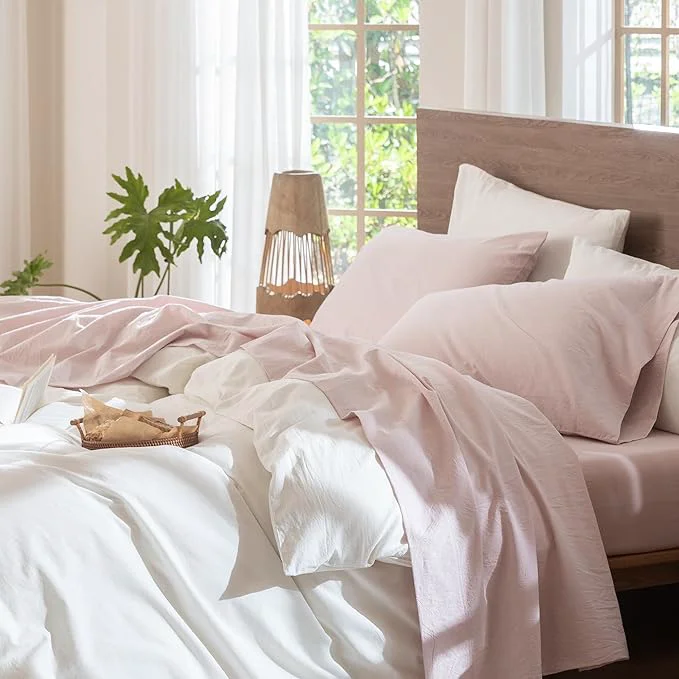 Smooth MooMee Bedding Sheet Set Washed Cotton Linen Like Textured Breathable Durable Soft Comfy Heathered Greyish Pink Twin Advanced