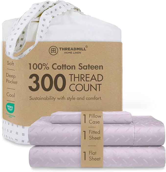 Threadmill Cotton Twin Sheet Set Cotton Sheets for Twin Size Bed Damask Jacquard Sateen Twin Bed Sheets Set with 16 Deep Pocket Soft Breathable 3-Piece Cooling Sheet Set Lilac Prestigious