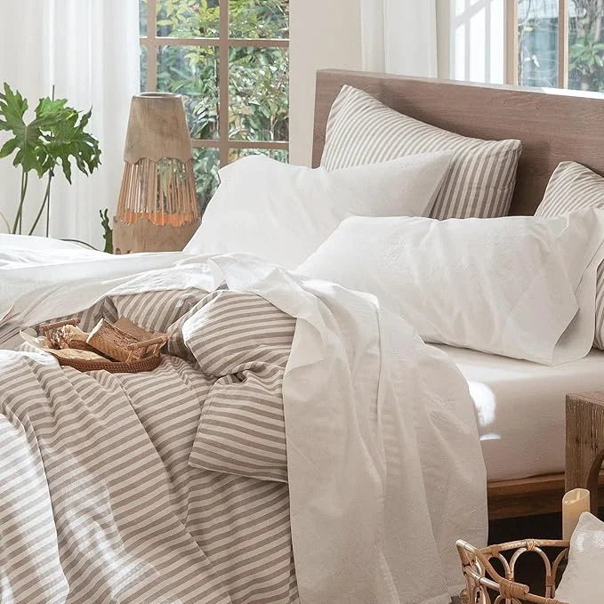 Original MooMee Bedding Sheet Set Washed Cotton Linen Like Textured Breathable Durable Soft Comfy Solid Off White Queen Fashionable
