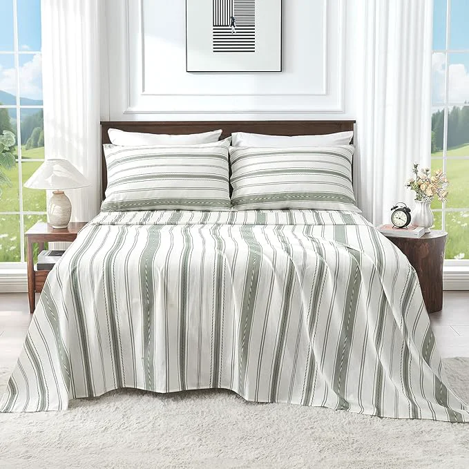 Elite Linen Sheets King Size Breathable amp Durable 4-Piece Bed Flax Stripes Sheet Set Soft All-Season Bedding for Hot Sleepers 16 quot Deep Pocket Oeko-TEX （King Green Stripes） First-Class