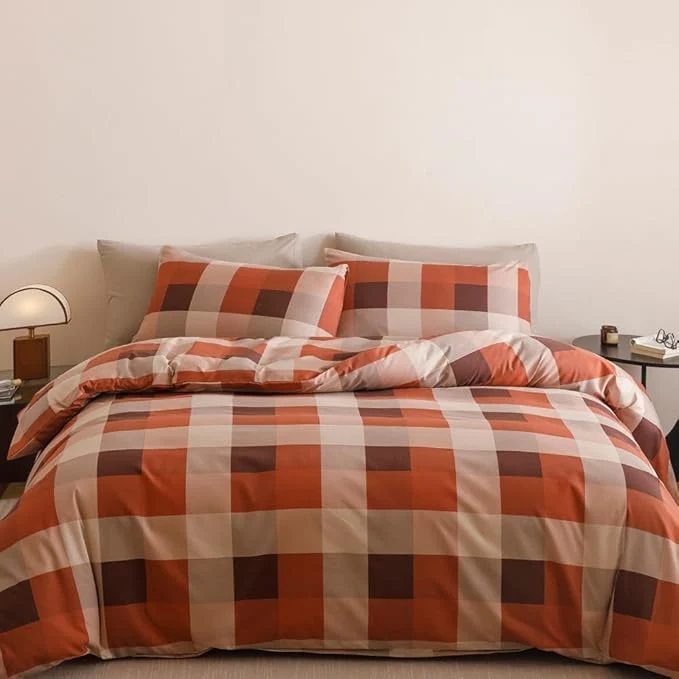 Prestigious CLOTHKNOW Rust Khaki Plaid Full Size Comforter Set 3Pcs Gingham Buffalo Bedding Comforter Sets Geometric Comforter with 2 x Pillow Cases Lightweight