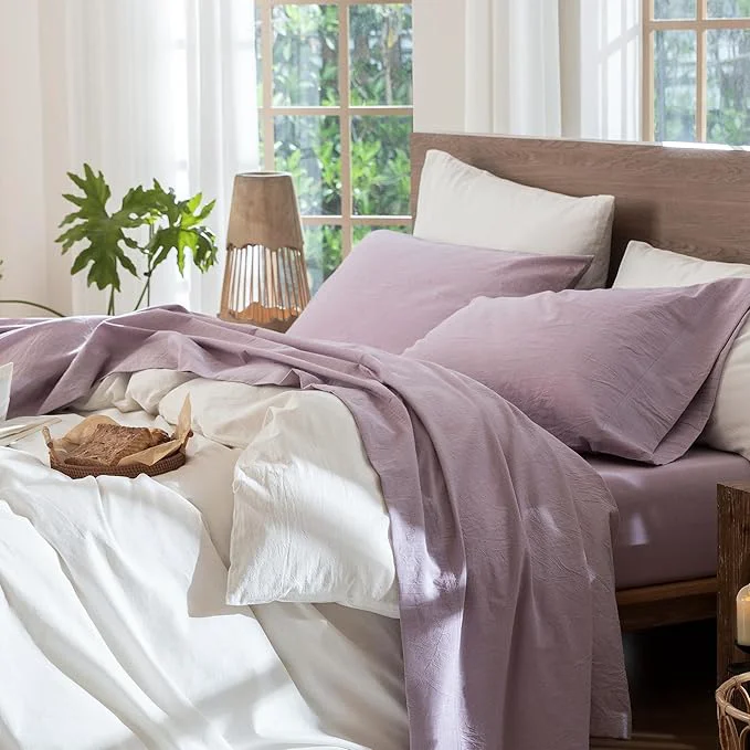 Professional MooMee Bedding Sheet Set Washed Cotton Linen Like Textured Breathable Durable Soft Comfy Heathered Light Purple California King Contemporary