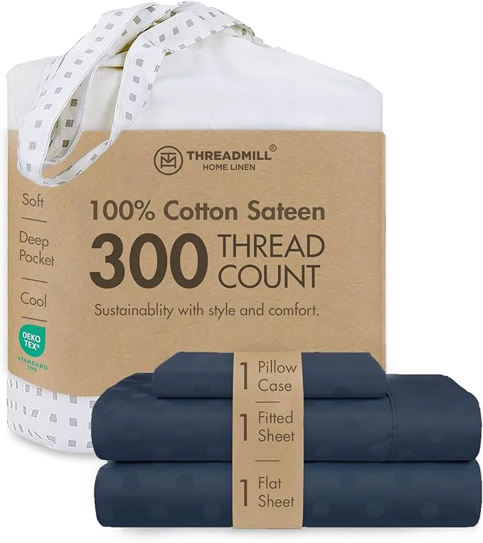 Premium Threadmill Cotton Twin Sheet Set Cotton Sheets for Twin Size Bed Damask Jacquard Sateen Twin Bed Sheets Set with 16 Deep Pocket Soft Breathable 3-Piece Cooling Sheet Set Folkstone Blue Functional