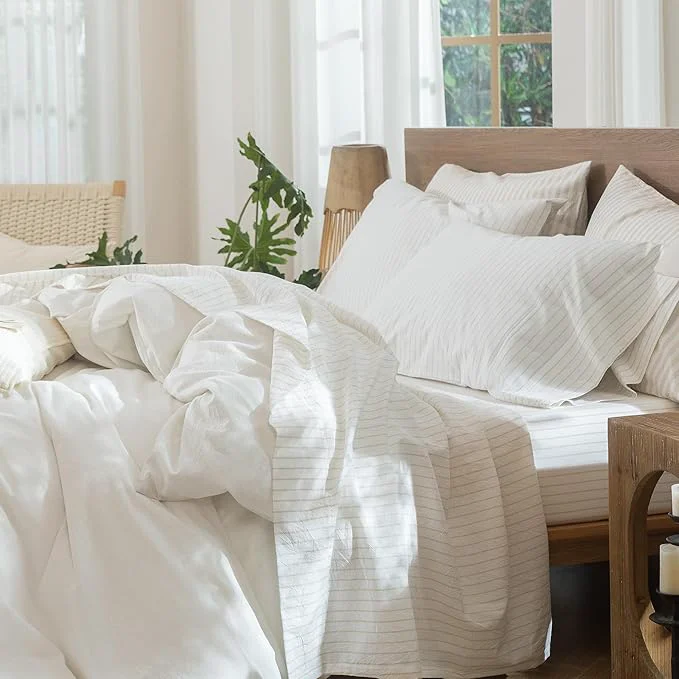 Proven MooMee Striped Sheet Set Washed Cotton Linen Like Textured Breathable Durable Soft Comfy White Almond Milk Grey Wide Stripes Queen Certified