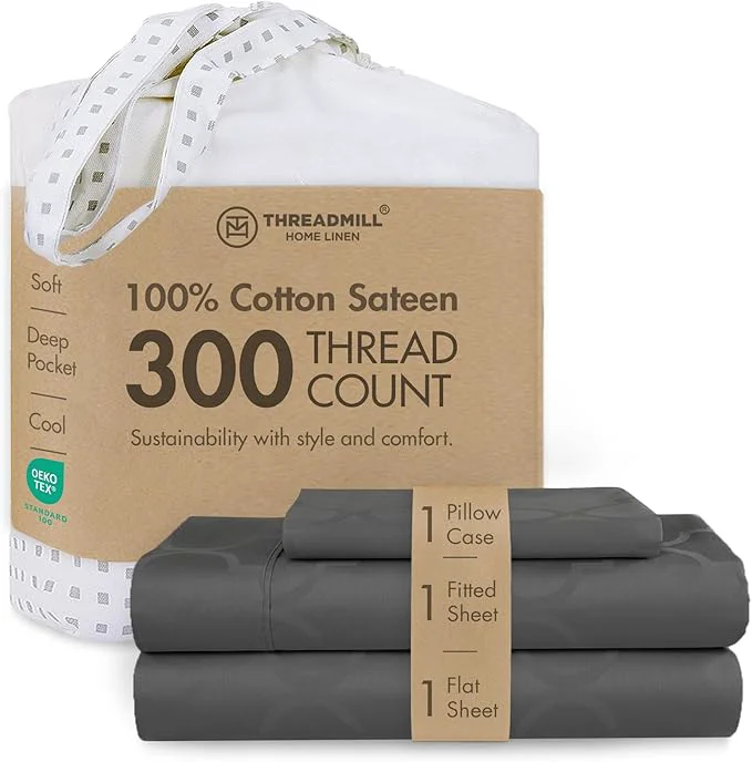 Fast Threadmill Cotton Twin XL Sheet Set Cotton Sheets for Twin XL Size Bed Damask Jacquard Sateen Twin XL Bed Sheets Set with 16 Deep Pocket Soft Breathable 3-Piece Cooling Sheets Dark Grey Durable