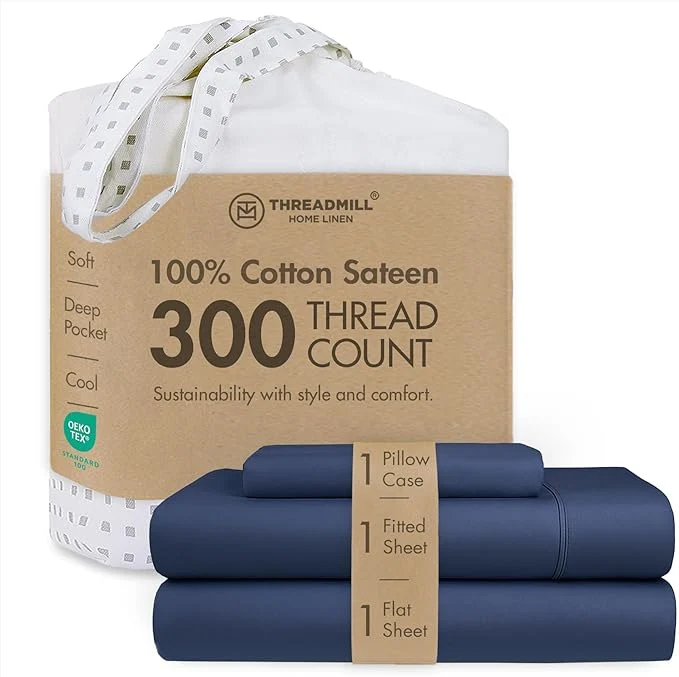 Selected Threadmill Cotton Twin Sheet Set Cotton Sheets for Twin Size Bed Solid Sateen Twin Bed Sheets Set with 16 Deep Pocket Soft Breathable 3-Piece Cooling Sheet Set Folkstone Blue Trendy