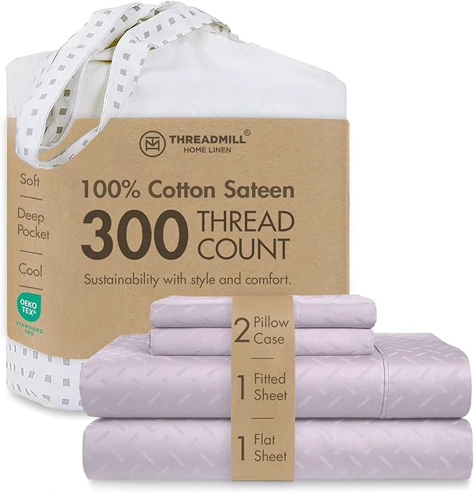 Durable Threadmill Cotton Queen Sheet Set - Cotton Damask Jacquard Sheets With 16 quot Deep Pocket - Soft Sateen Weave 4-Piece Cooling Bedding for Queen Size Bed - Lilac Long-Lasting
