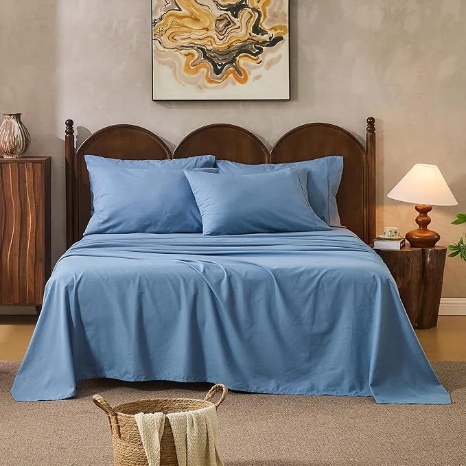 World-Class Linen Sheets King Size Breathable amp Durable 4-Piece Bed Flax Sheet Set Soft All-Season Bedding for Hot Sleepers 16 quot Deep Pocket Oeko-TEX （King Dusty Blue） Sustainable