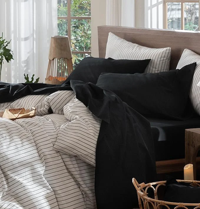 Refined MooMee Bedding Sheet Set Washed Cotton Linen Like Textured Breathable Durable Soft Comfy Solid Black Twin XL Trendy