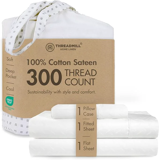 Easy-to-Use Threadmill Cotton Twin XL Sheet Set Cotton Sheets for Twin XL Size Bed Damask Jacquard Sateen Twin XL Bed Sheets Set with 16 Deep Pocket Soft Breathable 3-Piece Cooling Sheet Set White Long-Lasting