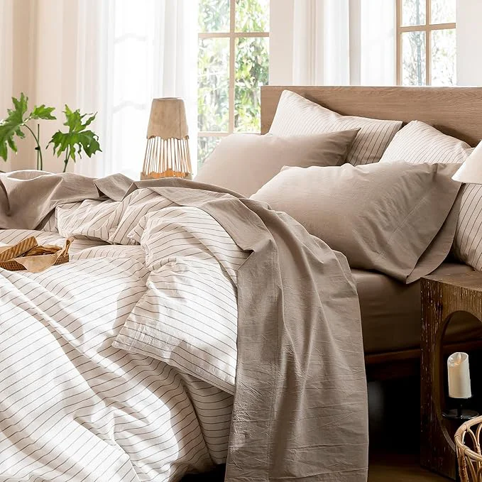 Pure MooMee Bedding Sheet Set Washed Cotton Linen Like Textured Breathable Durable Soft Comfy Heathered Taupe King High-Quality