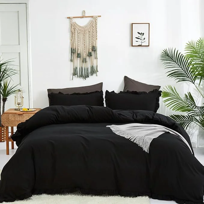 Luxury CLOTHKNOW Black Full Size Comforter Sets 3Pcs Ruffle Bedding Comforter Sets Soft Farmhouse Shabby Chic Comforters with 2 x Pillow Cases Innovative